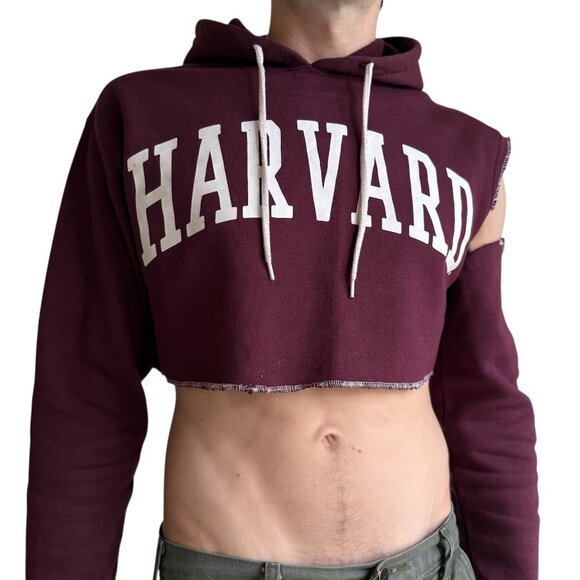 Harvard Crop Hoodie Maroon Cut-Off Shoulder Distressed Style Unisex - Picture 1 of 1